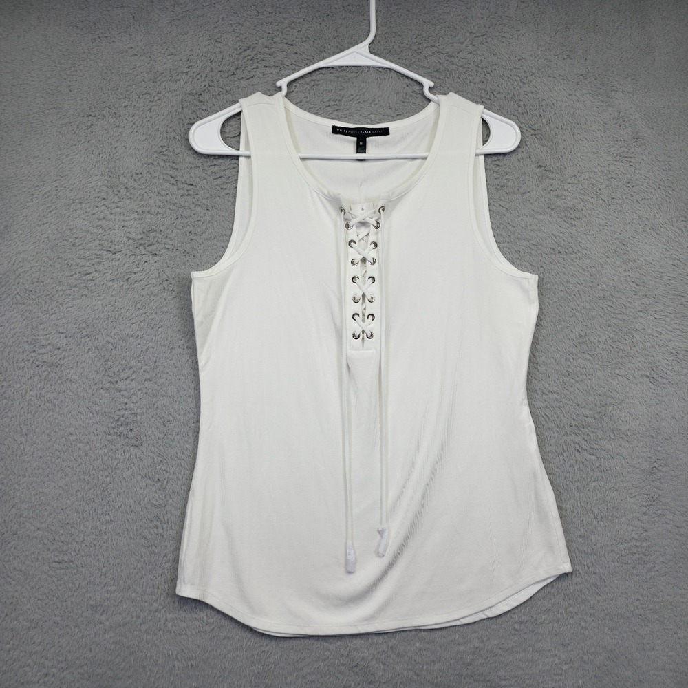 White House Black Market Top Women M White Lace Up Y2K Moto Edgy Fitted Tank NEW